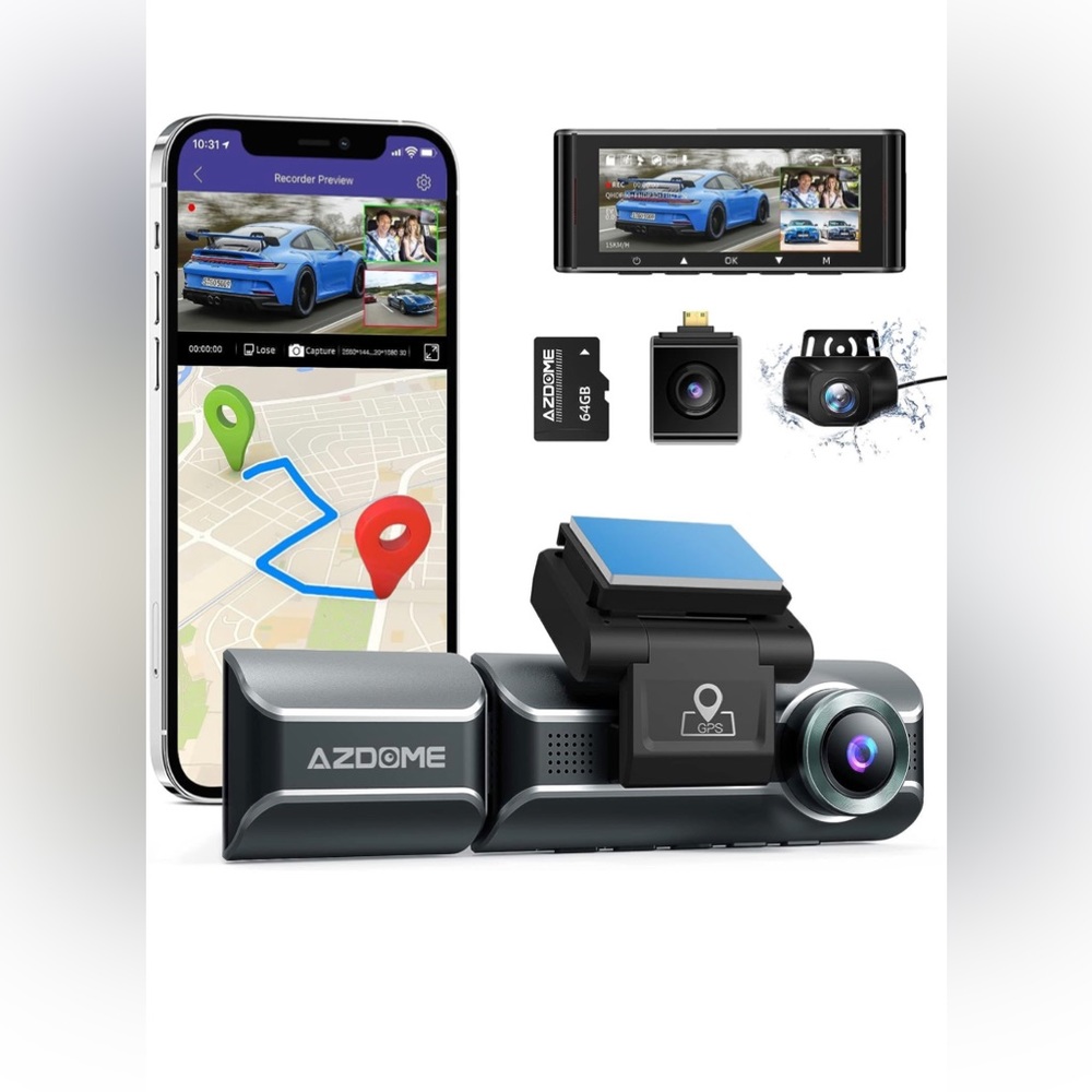 AZDOME M550 Dash Cam 3 Channel, Built in WiFi GPS, Free 64GB Card